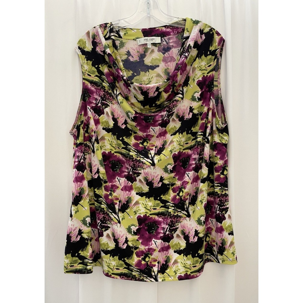 Jones Studio Blouse Plus Size 20W Floral Sleeveless Cowl Neck Silky Stretch‎